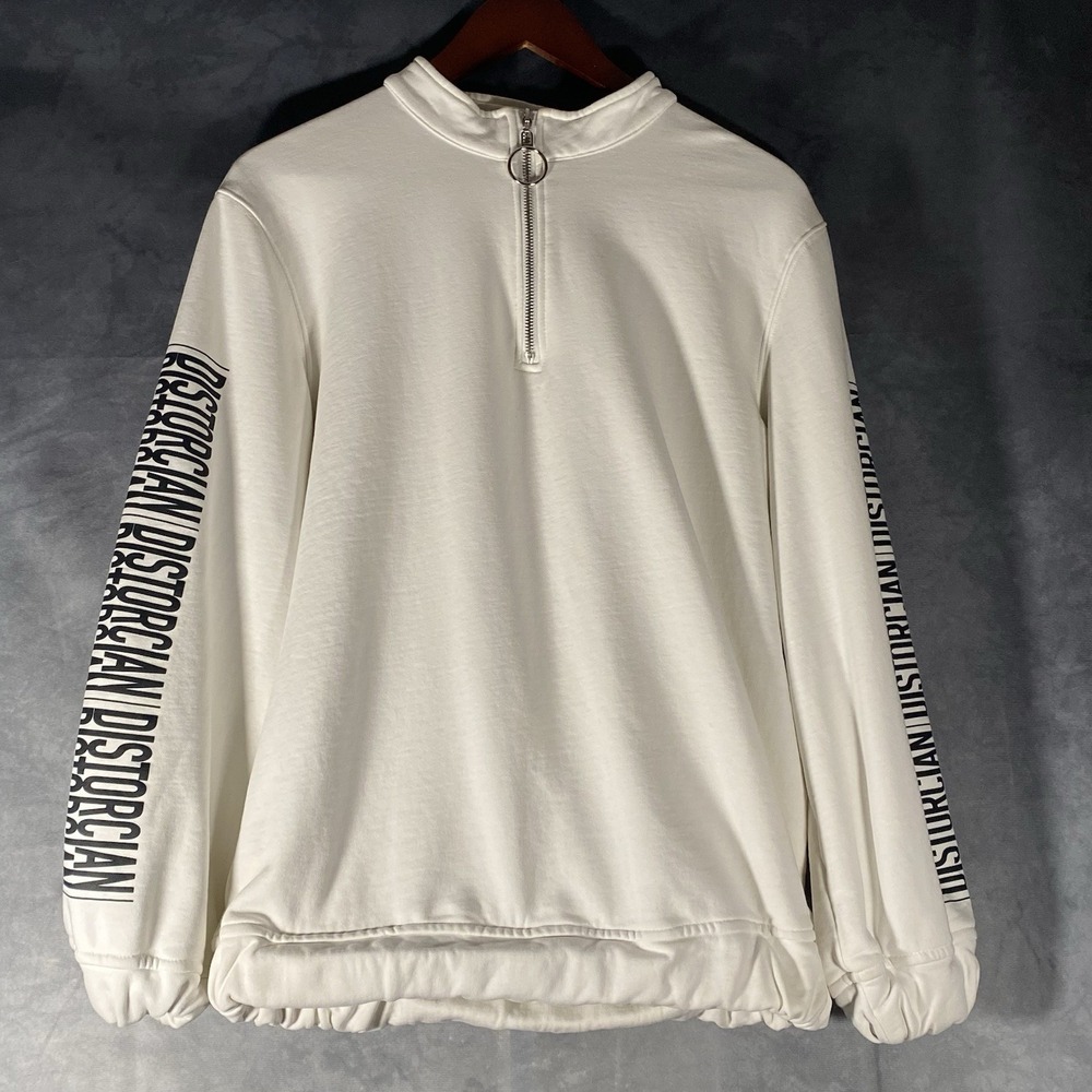 Distorcian Mens Quarter Zip Sweatshirt White‎ Graphic Sleeve O-Ring Pullover